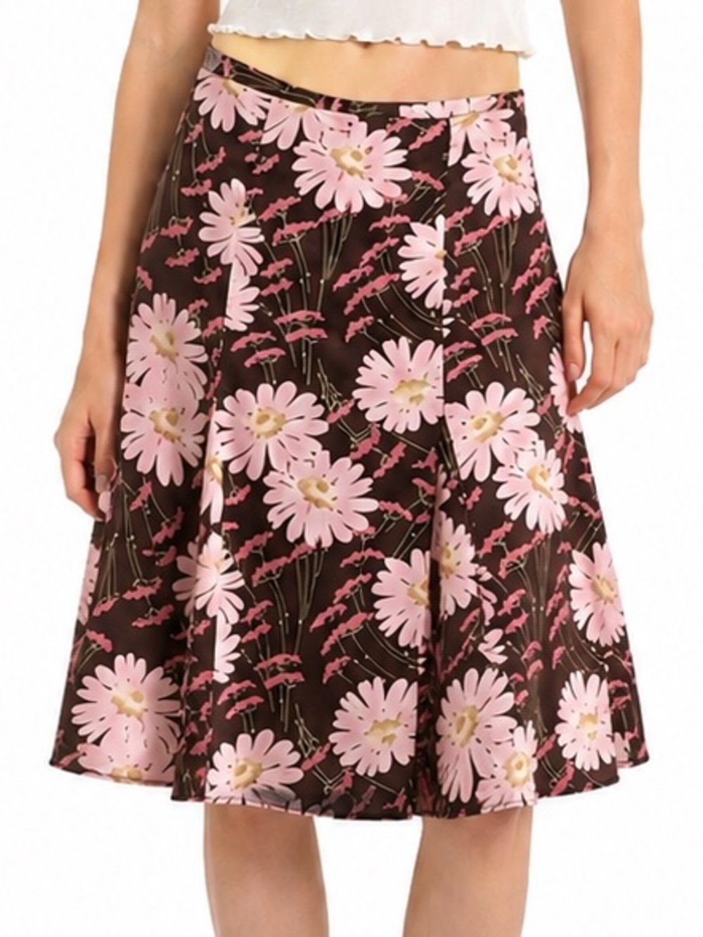 RW & Co Y2K Brown Pink Floral Satin Midi Skirt Godet Panels Lined 00 26” Waist